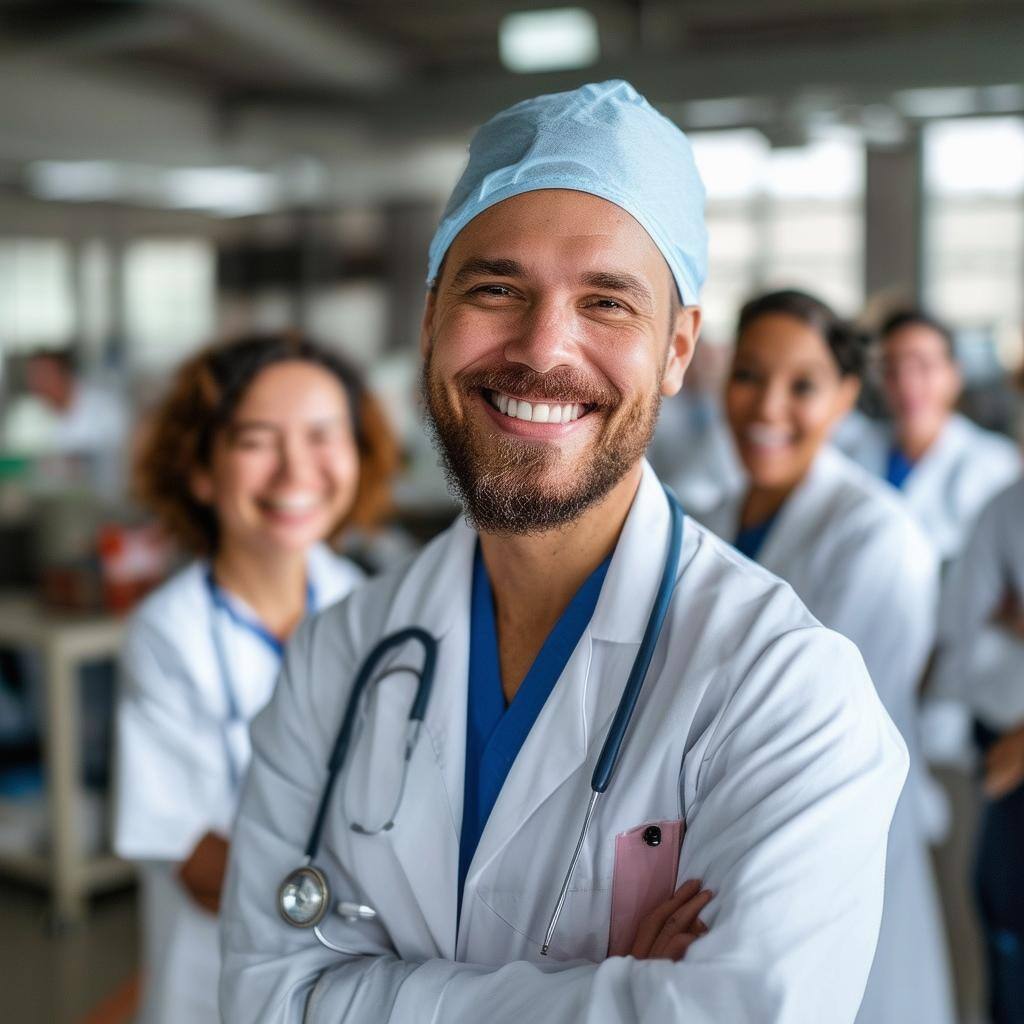 teaching health at a company, smiling workers only one nurse a lot of other workers